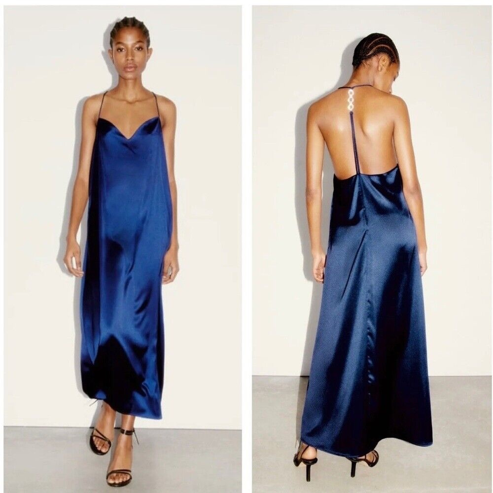 New Zara Jewel Strap Midnight Blue Flowy Maxi Slip Dress Small 0387/197